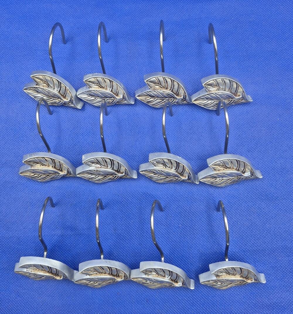 James Wiens Silvertone Double Leaf Shower Curtain Hooks Set of 12 Resin & Metal